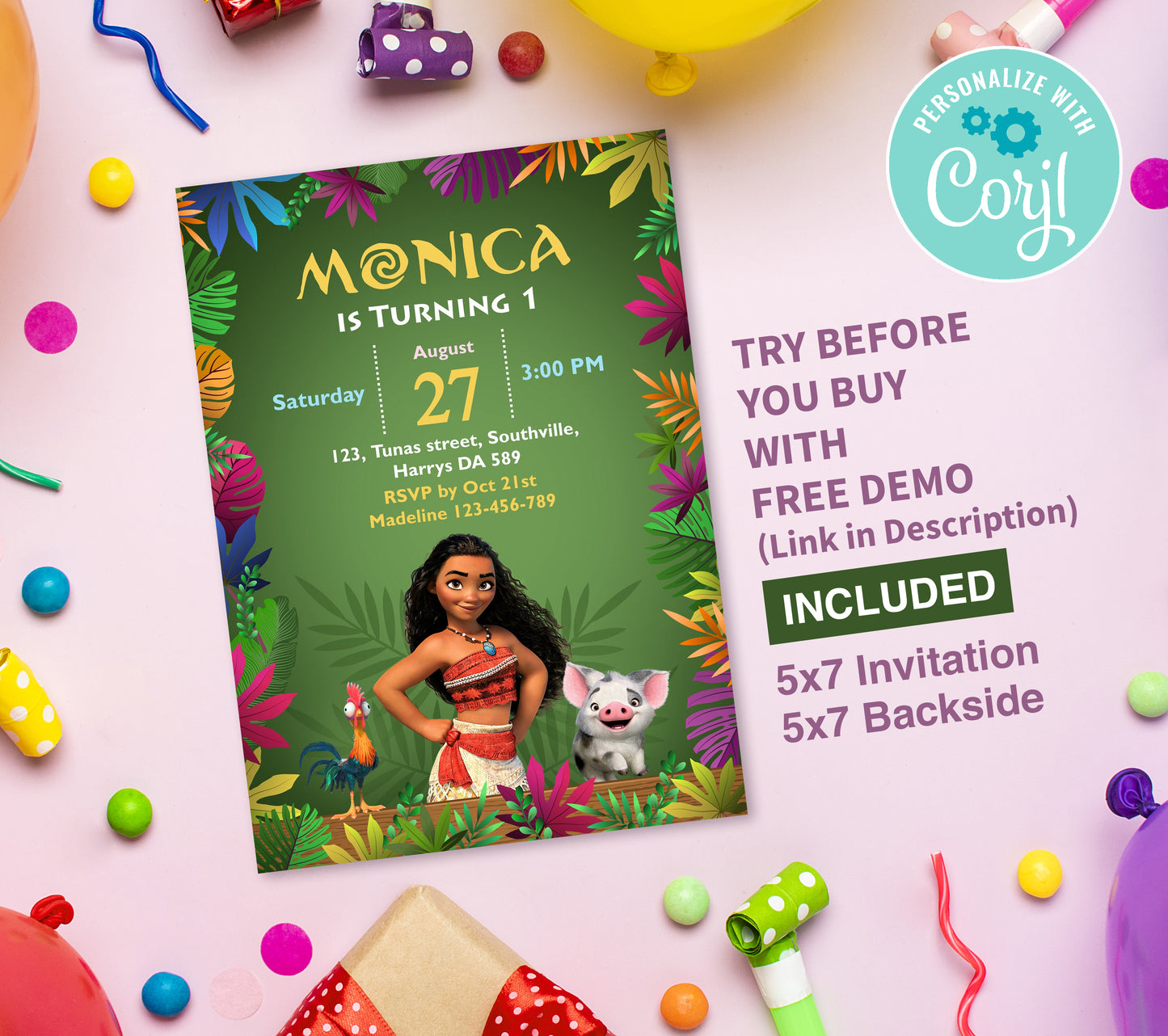 Big Moana Birthday Invitation Template, Printable Invitation, Girl Birthday, Evite, Digital Invite,  0150