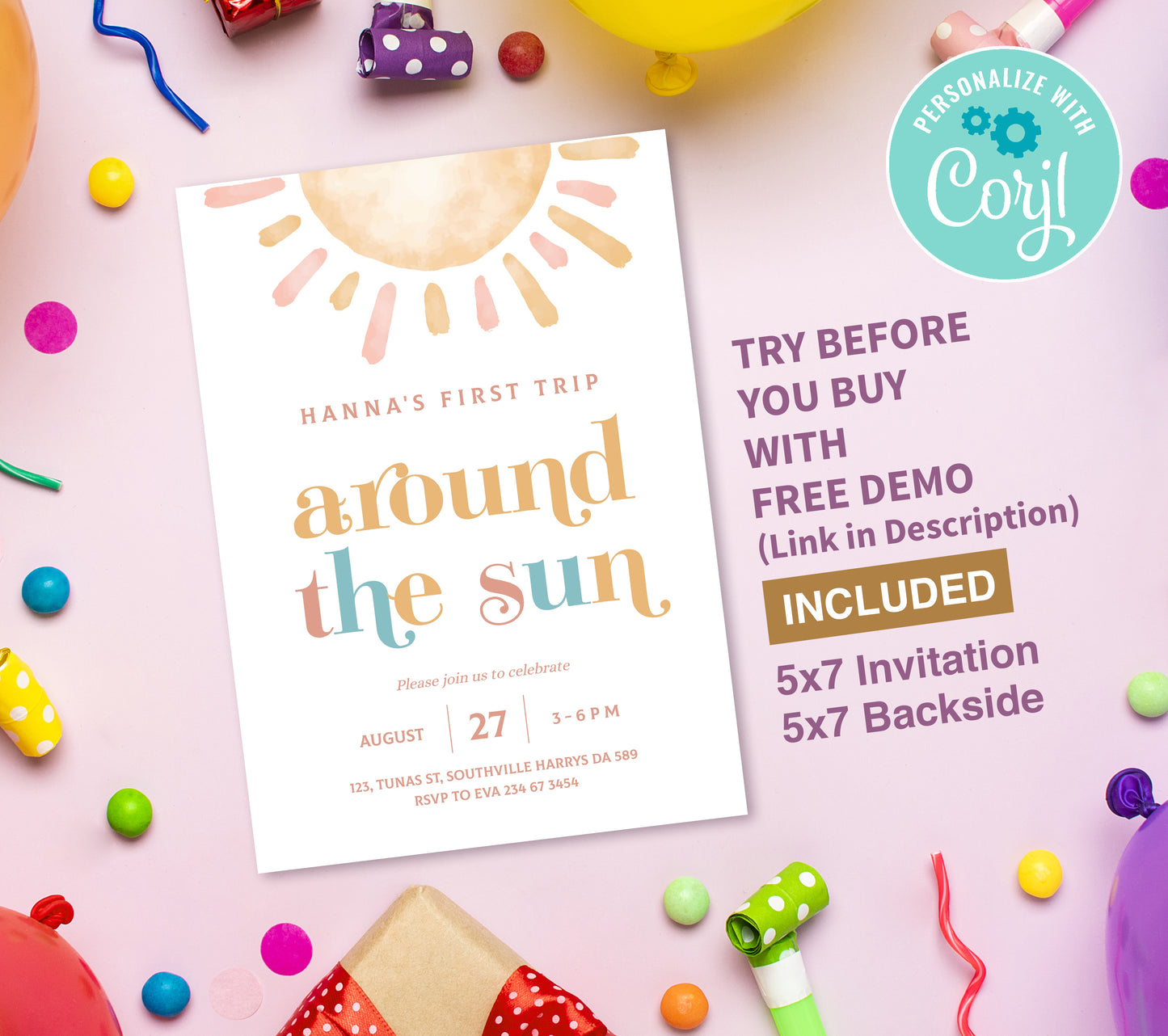 Sun Birthday Invitation Template, Printable Invitation, Girl Birthday, Evite, Digital Invite,  0286
