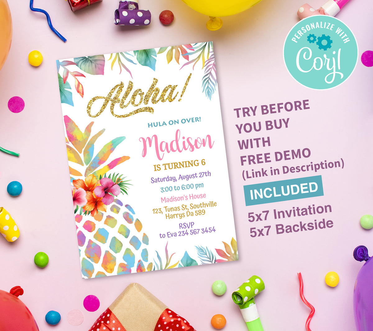 Pineapple Birthday Invitation Template, Printable Invitation, Girl Birthday, Evite, Digital Invite,  0173