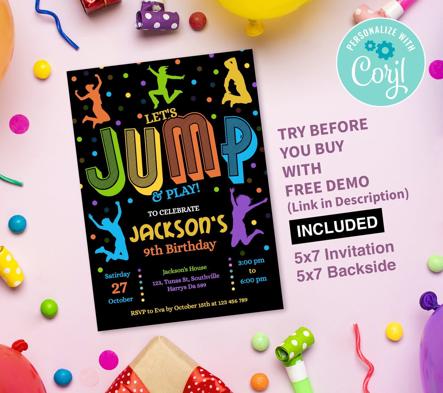 Jump Birthday Invitation Template, Printable Invitation, Boy Birthday, Evite, Digital Invite, 0170