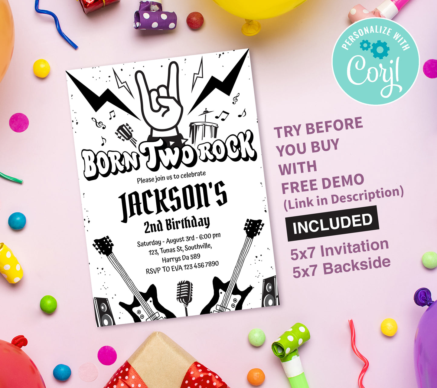 Rock and Roll Birthday Invitation Template, Printable Invitation, Girl Birthday, Evite, Digital Invite, Edit yourself Corjil 0307