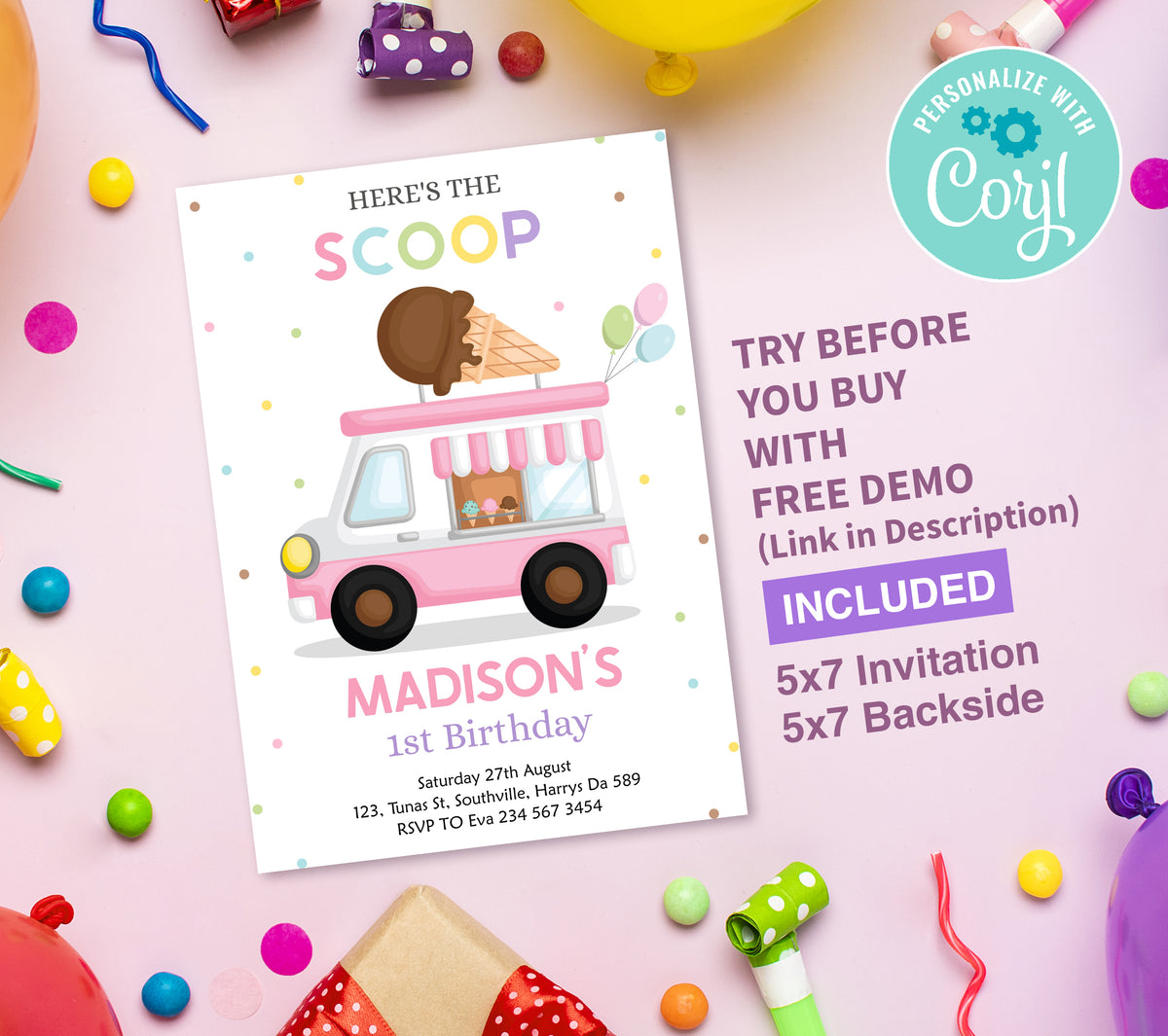 Ice Cream Van Birthday Invitation Template, Printable Invitation, Girl Birthday, Evite, Digital Invite,  0283