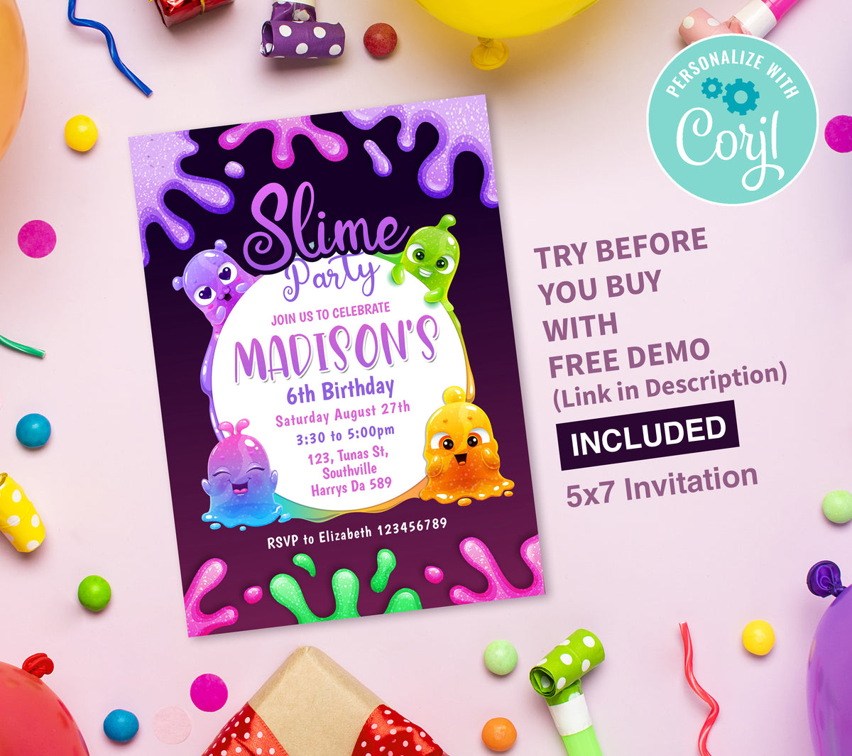 Slime Birthday Invitation Template, Printable Invitation, Girl Birthday, Evite, Digital Invite,  0038