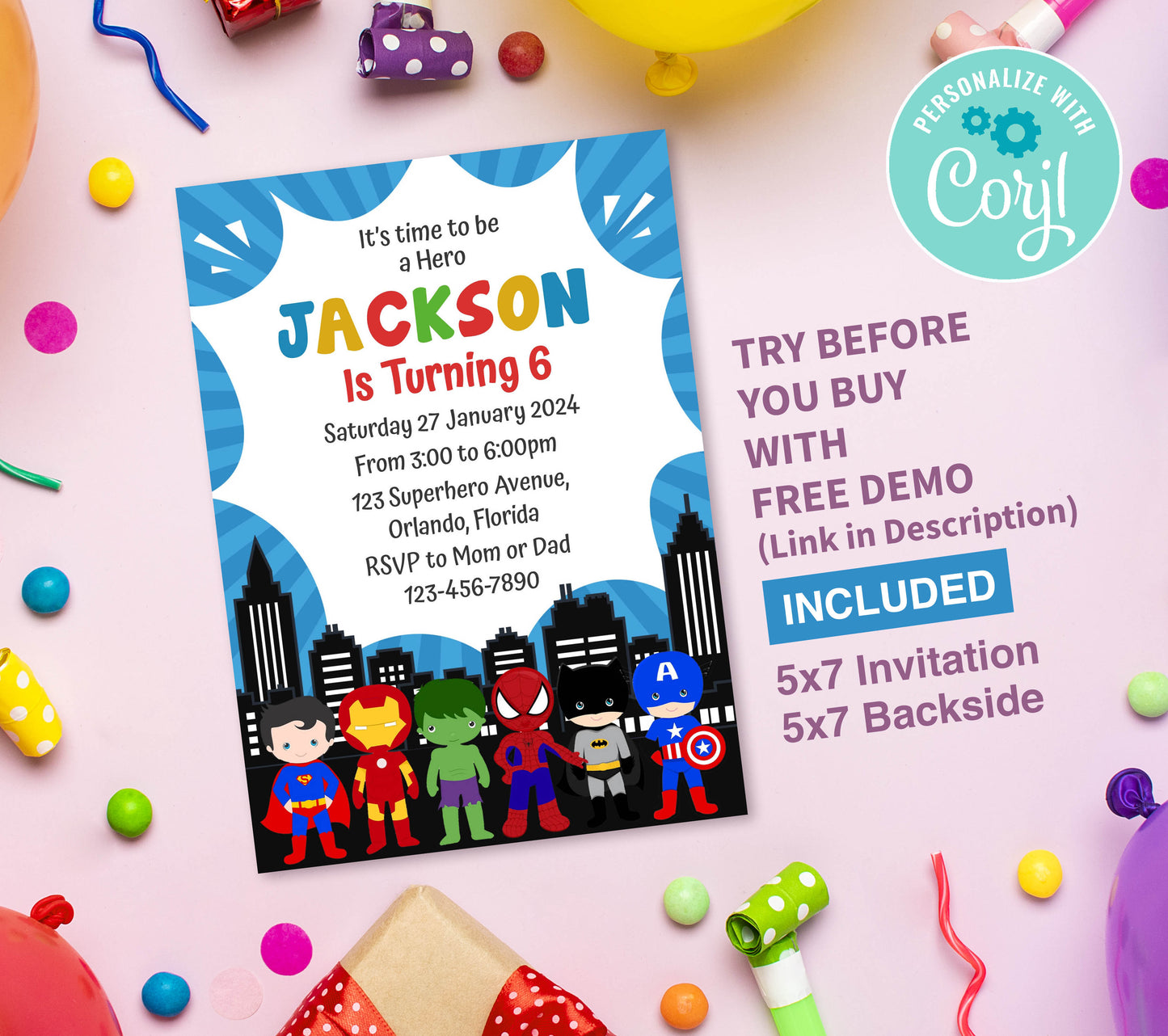 Superhero Birthday Invitation Template, Printable Invitation, Boy Birthday, Evite, Digital Invite,  0127