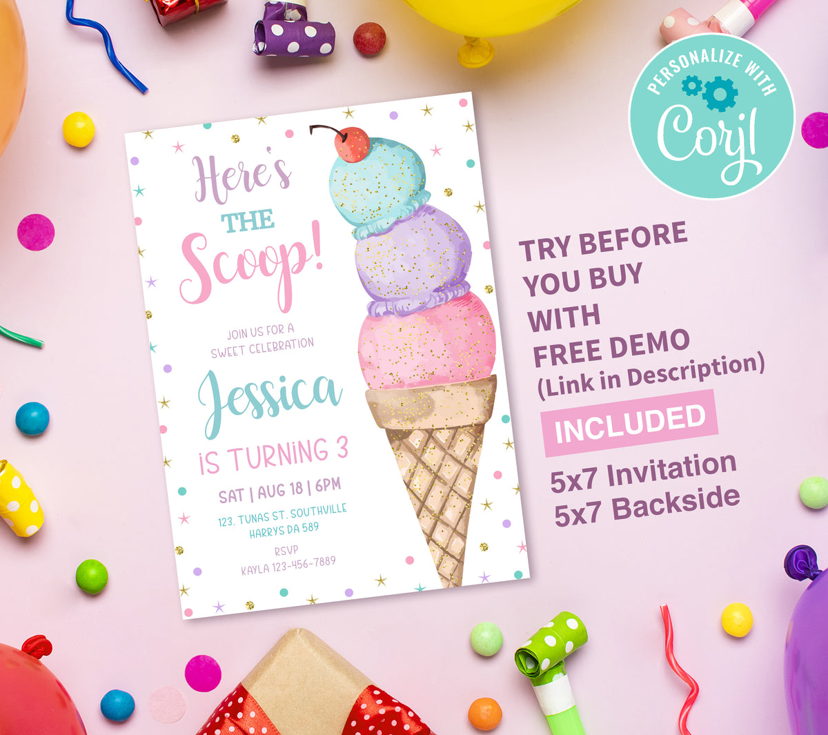 Ice Cream Birthday Invitation Template, Printable Invitation, Girl Birthday, Evite, Digital Invite, Edit yourself Corjil 0310