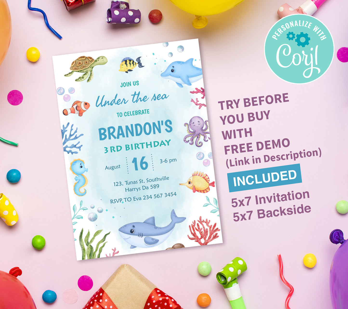 Under the Sea Birthday Invitation Template, Printable Invitation, Boy Birthday, Evite, Digital Invite,  0279