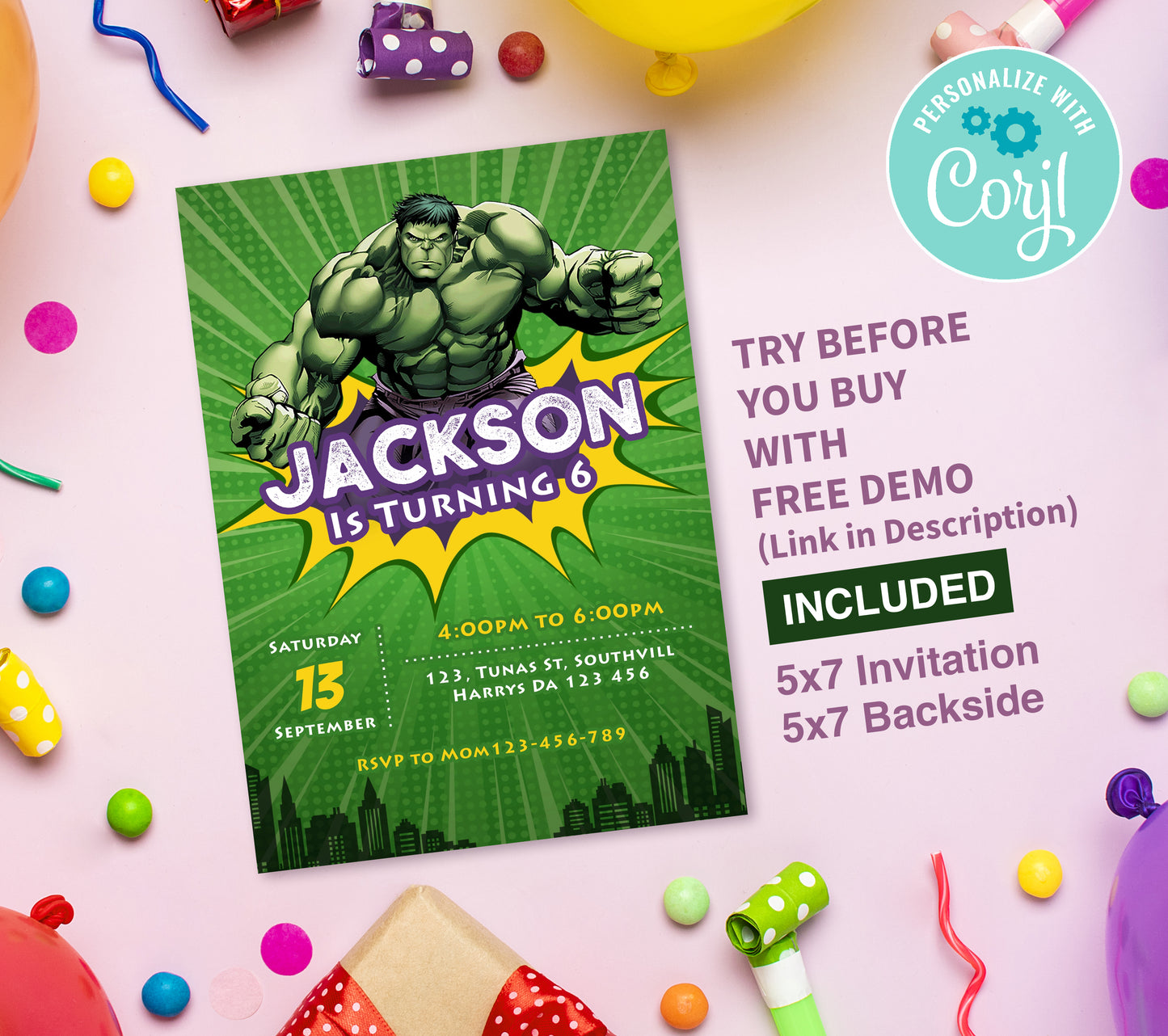 Hulk Birthday Invitation Template, Printable Invitation, Boy Birthday, Evite, Digital Invite, 0156