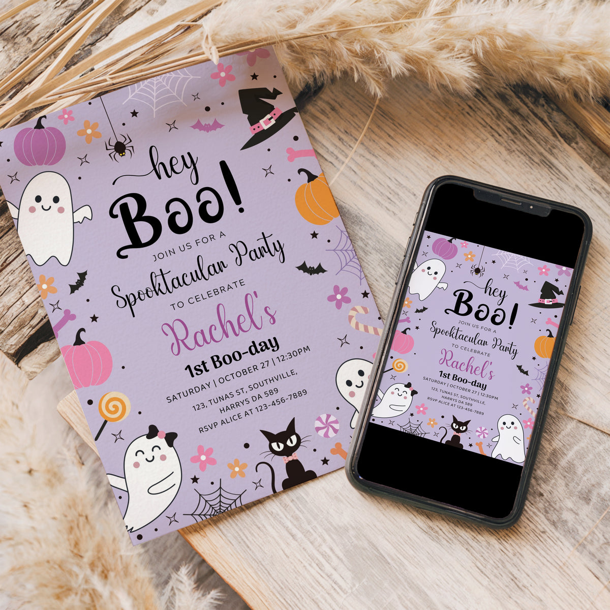 Editable Purple Halloween Birthday Invitation Hey Boo Ghost Party Spooktacular Halloween Party Halloween Birthday Instant Download 0376