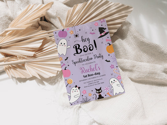 Editable Purple Halloween Birthday Invitation Hey Boo Ghost Party Spooktacular Halloween Party Halloween Birthday Instant Download 0376