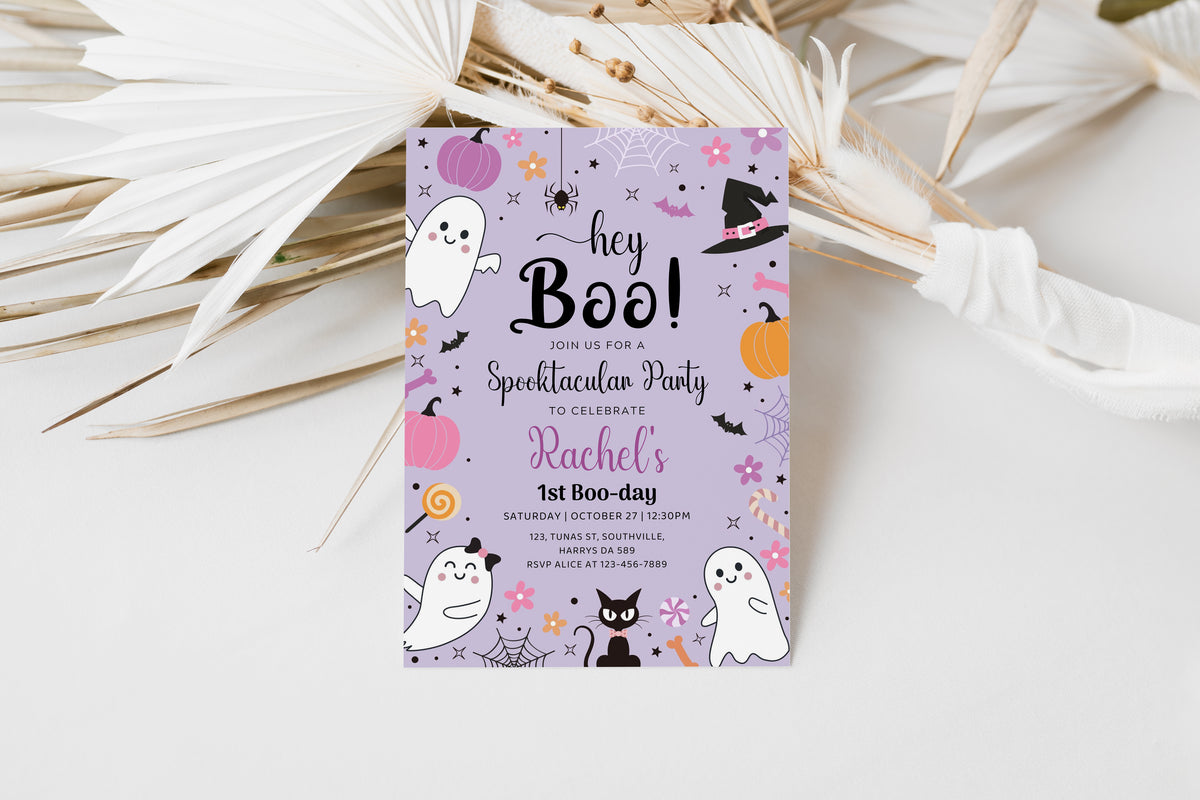 Editable Purple Halloween Birthday Invitation Hey Boo Ghost Party Spooktacular Halloween Party Halloween Birthday Instant Download 0376