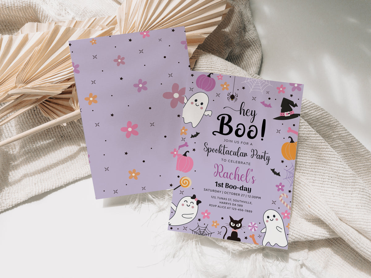 Editable Purple Halloween Birthday Invitation Hey Boo Ghost Party Spooktacular Halloween Party Halloween Birthday Instant Download 0376