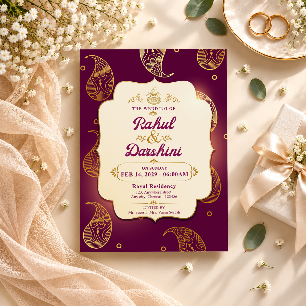 Red & Gold Petal Wedding Invitation | Digital & Printed