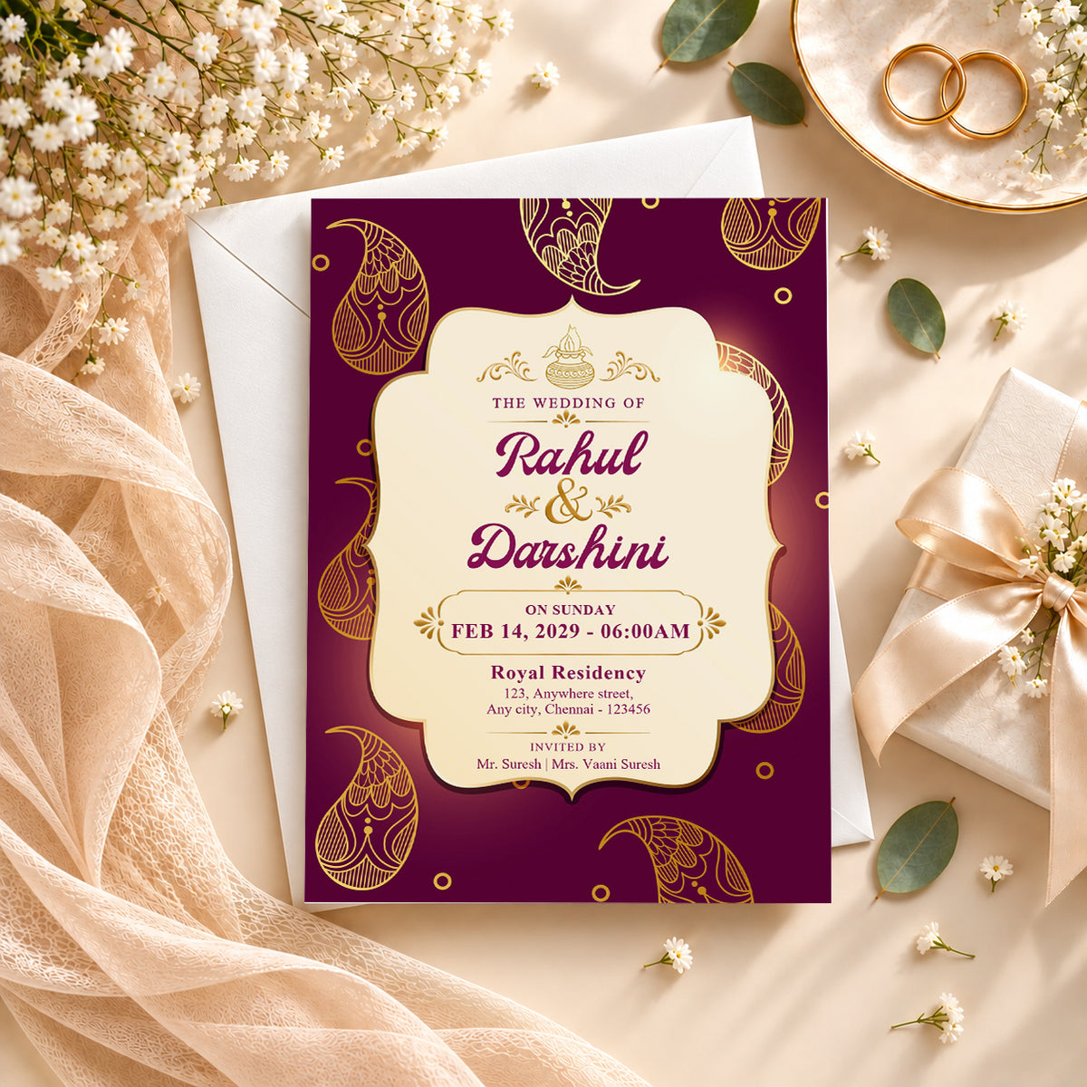 Red & Gold Petal Wedding Invitation | Digital & Printed