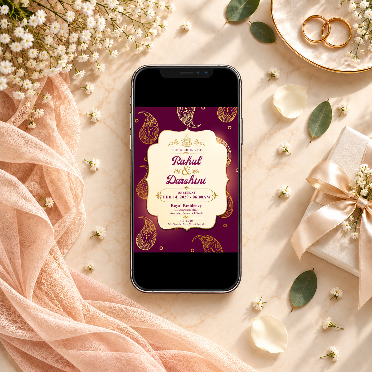 Red & Gold Petal Wedding Invitation | Digital & Printed