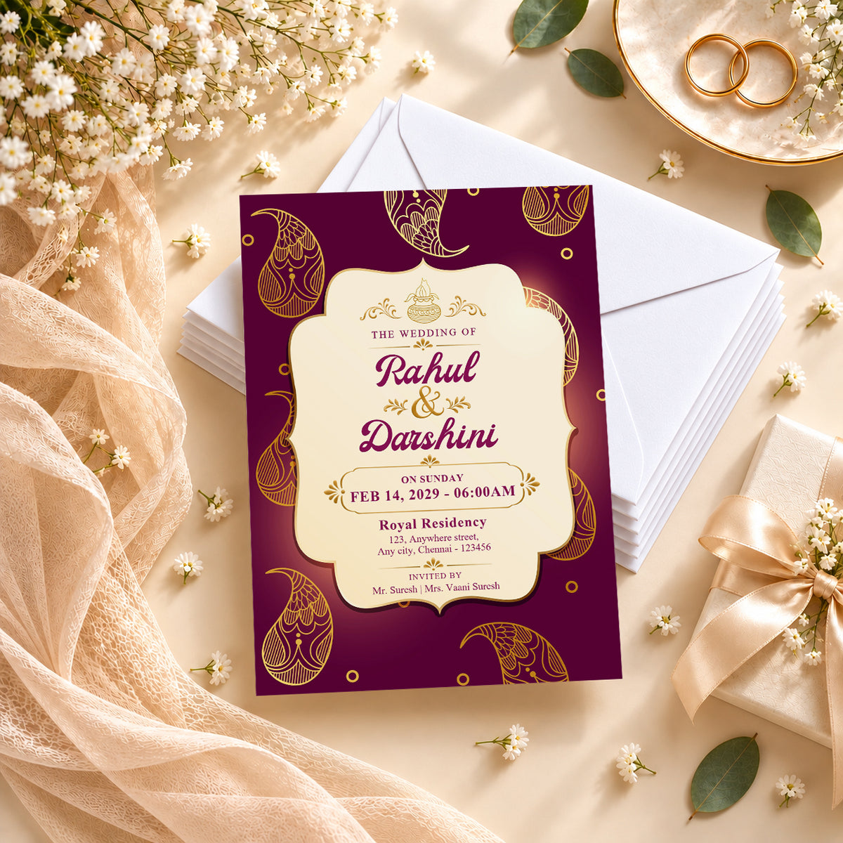 Red & Gold Petal Wedding Invitation | Digital & Printed