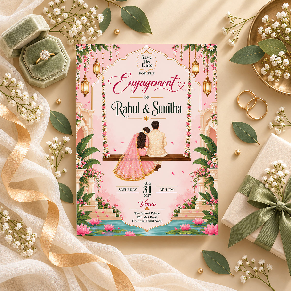 Romantic Indian Engagement Invitation | Digital & Printed