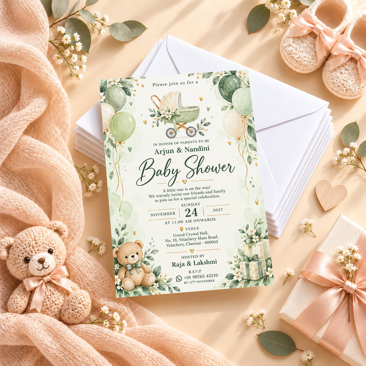 Sage Green Baby Shower Invitation | Digital & Printed