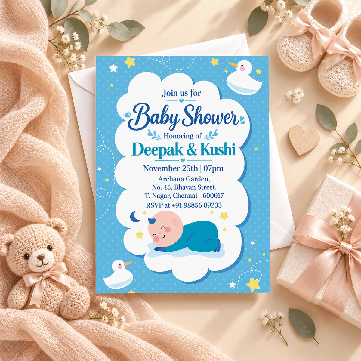 Showered in Blue Baby Shower Invitation | Digital & Printed