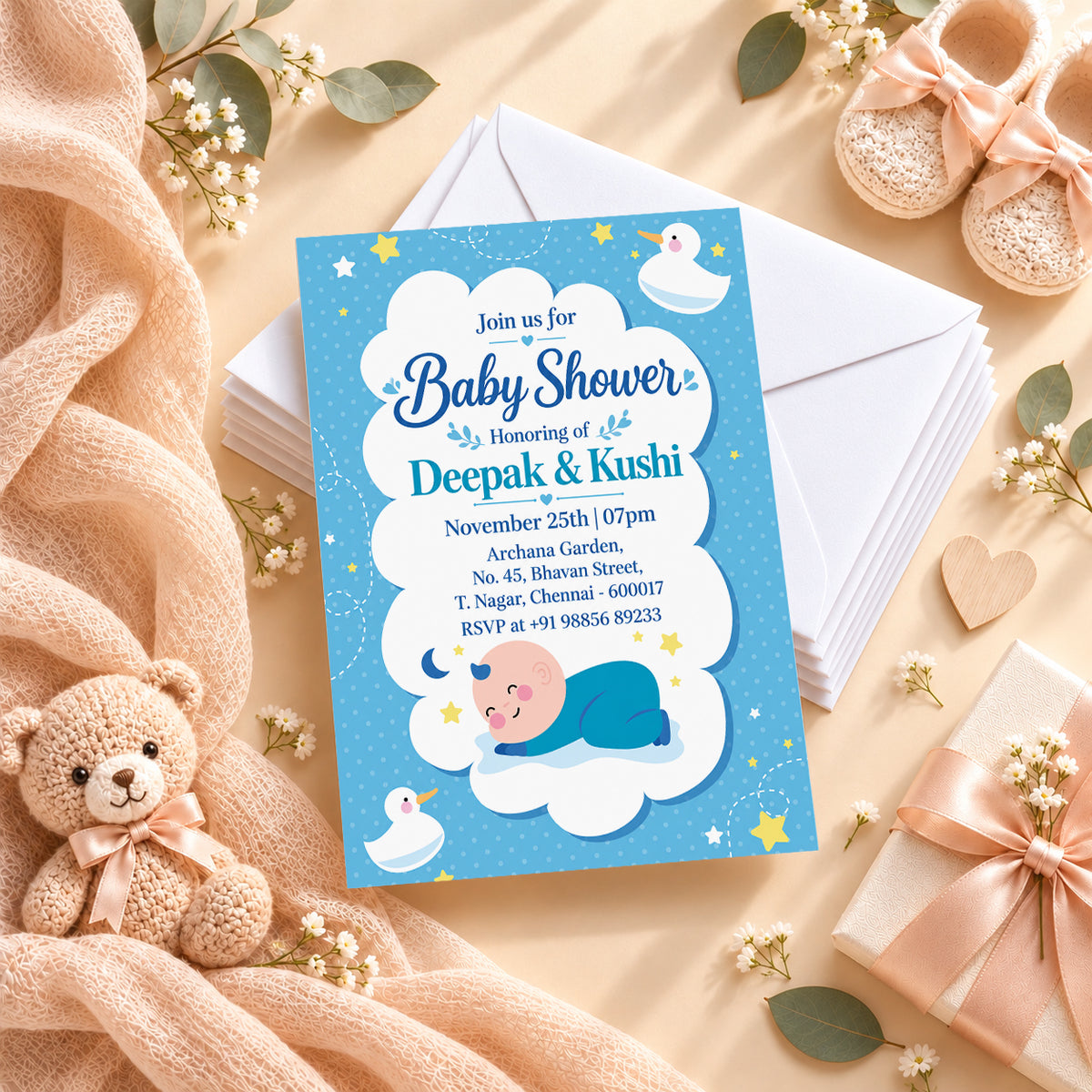 Showered in Blue Baby Shower Invitation | Digital & Printed