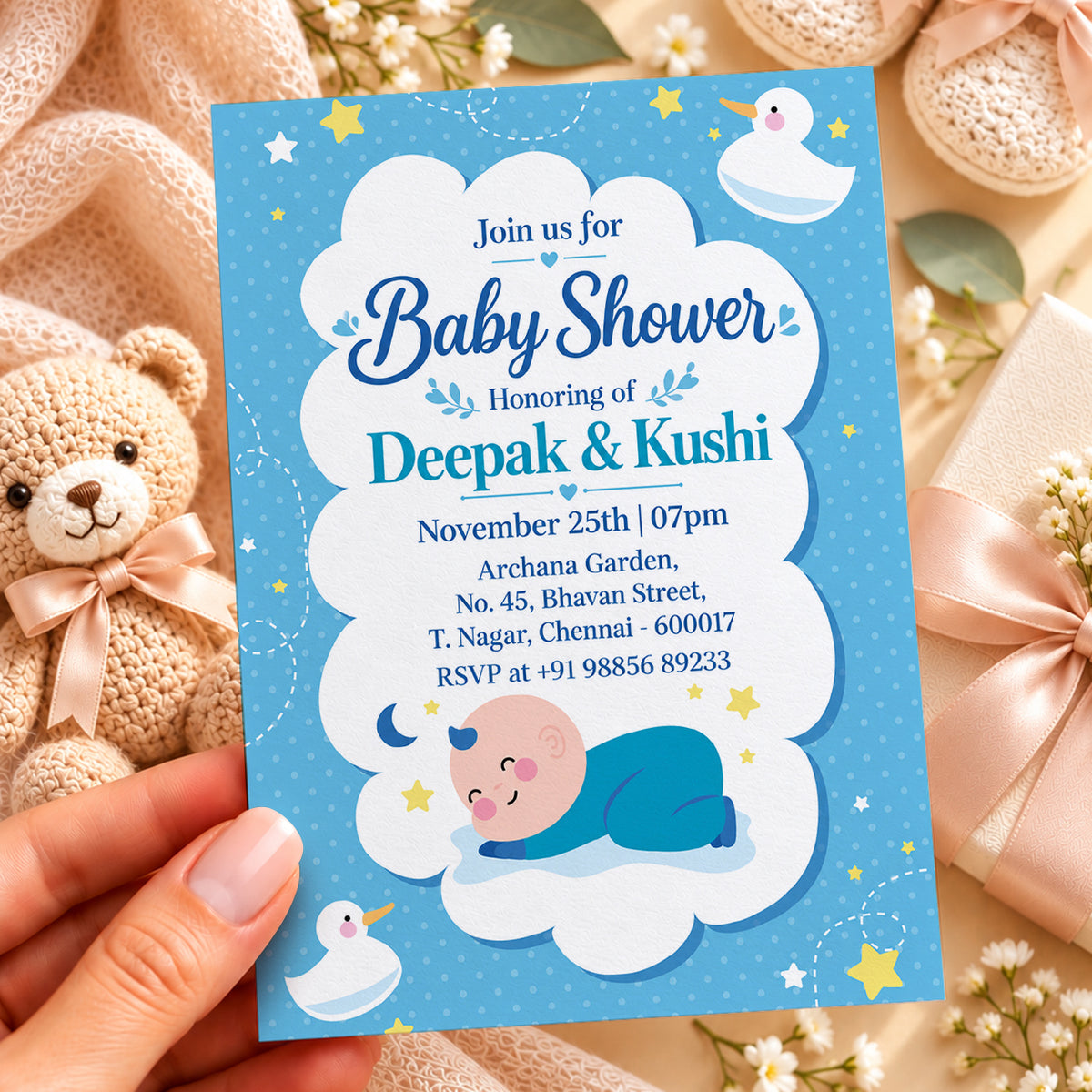Showered in Blue Baby Shower Invitation | Digital & Printed