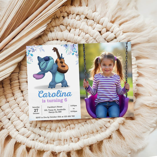 Stitch Photo Birthday Invitation Template, Printable Photo Invitation, Girl Birthday, Evite, Digital Invite, 0298