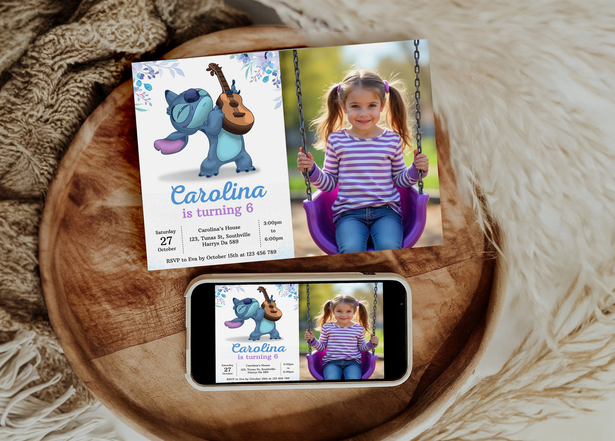 Stitch Photo Birthday Invitation Template, Printable Photo Invitation, Girl Birthday, Evite, Digital Invite, 0298