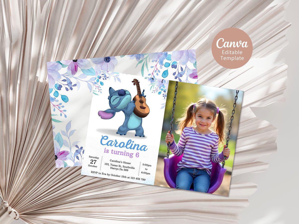 Stitch Photo Birthday Invitation Template, Printable Photo Invitation, Girl Birthday, Evite, Digital Invite, 0298