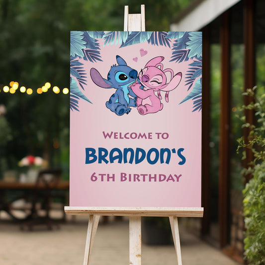 Stitch and Angels Welcome Sign, Printable Sign Board, Girl Birthday, Digital Download, Edit yourself, Corjl 0153