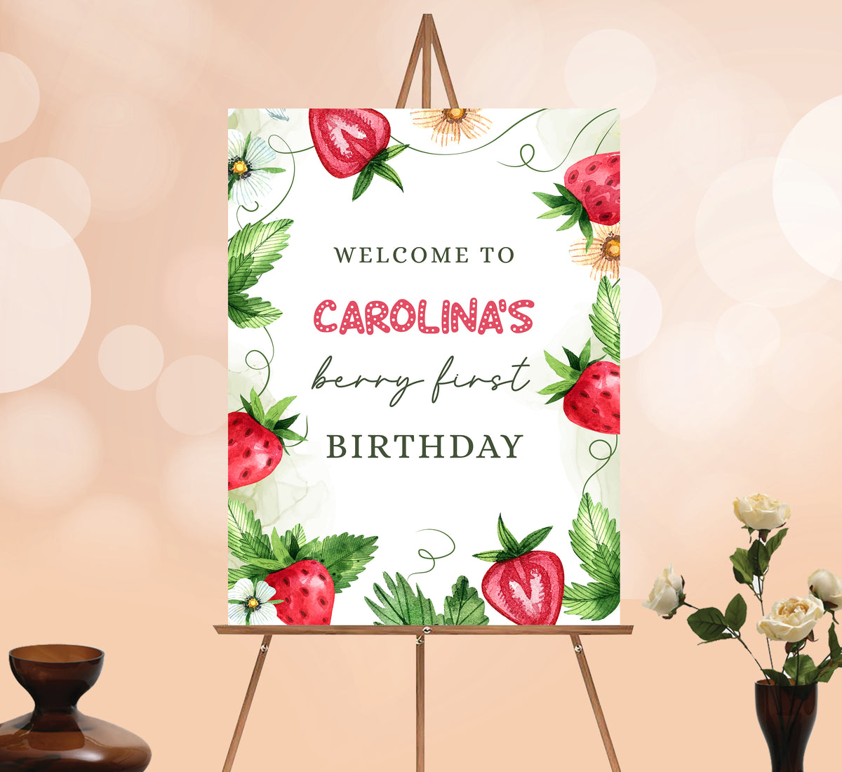 Strawberry Welcome Sign, Printable Sign Board, Girl Birthday, Digital Download, Edit yourself, Corjl 0265