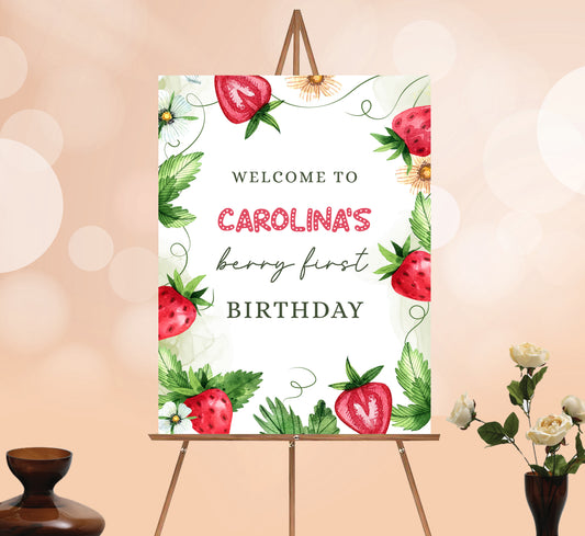 Strawberry Welcome Sign, Printable Sign Board, Girl Birthday, Digital Download, Edit yourself, Corjl 0265