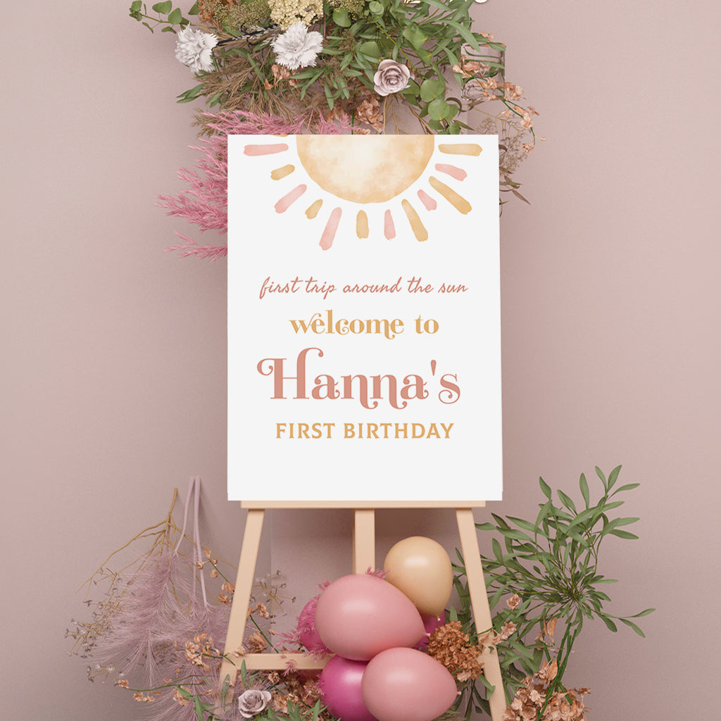 Sun Welcome Sign, Printable Sign Board, Girl Birthday, Digital Download, Edit yourself, Corjl 0286