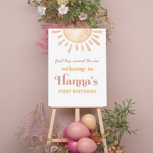 Sun Welcome Sign, Printable Sign Board, Girl Birthday, Digital Download, Edit yourself, Corjl 0286