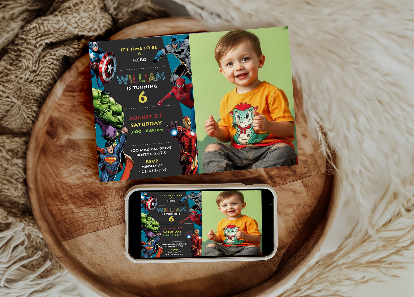 Superhero Photo Birthday Invitation Template, Printable Photo Invitation, Boy Birthday, Evite, Digital Invite, 0029