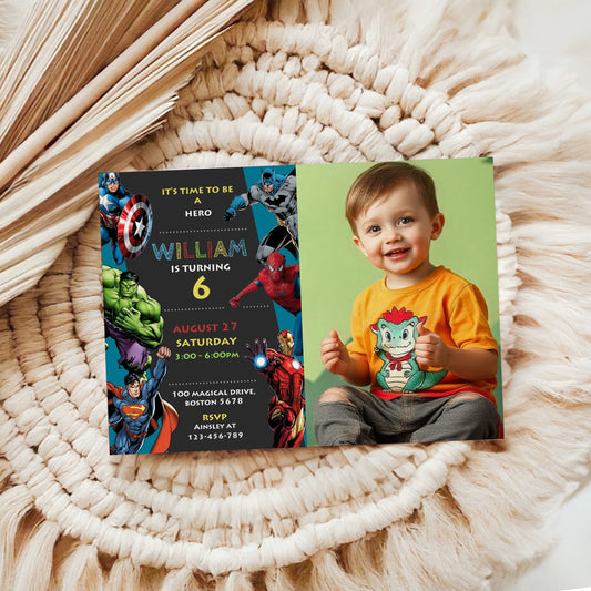 Superhero Photo Birthday Invitation Template, Printable Photo Invitation, Boy Birthday, Evite, Digital Invite, 0029