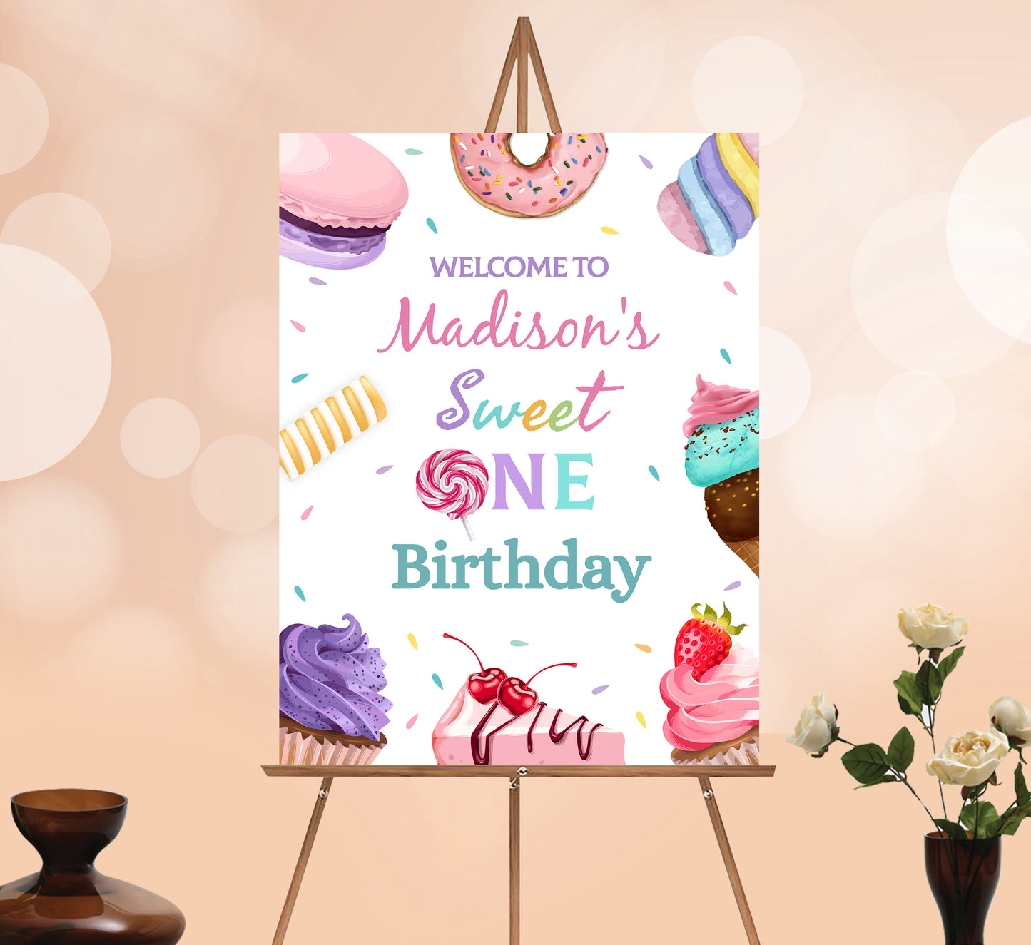 Sweet One Welcome Sign, Printable Sign Board, Girl Birthday, Digital Download, Edit yourself, Corjl 0165