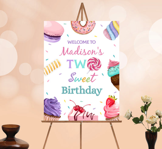 Two Sweet Welcome Sign, Printable Sign Board, Girl Birthday, Digital Download, Edit yourself, Corjl 0168
