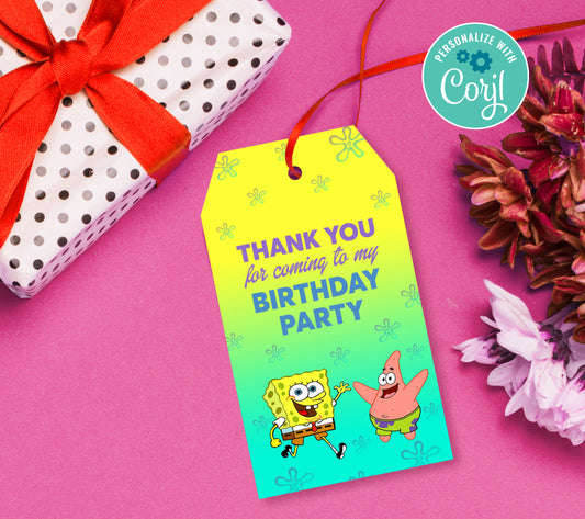 SpongeBob Favor Tag, Editable Favor Tag, SpongeBob Birthday Party Favor Tags, DIY Editable Thank You Tag, Favor Tags Corjil 0227