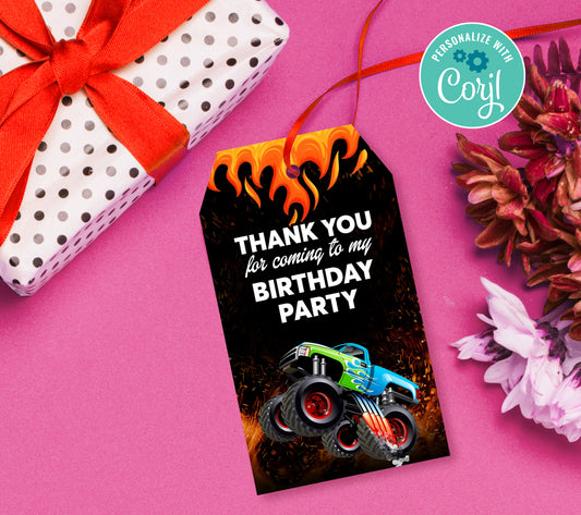 Monster Truck Favor Tag, Birthday Editable Favor Tag, DIY Editable Thank You Tag, Favor Tags, Edit yourself, Corjl - 0109