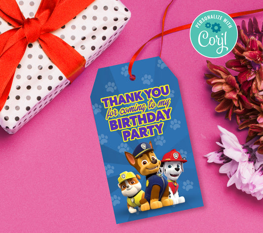 Paw Patrol Favor Tag, Birthday Editable Favor Tag, DIY Editable Thank You Tag, Favor Tags, Edit yourself, Corjl - 0246