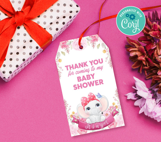 Elephant Baby Shower Favor Tag, Birthday Editable Favor Tag, DIY Editable Thank You Tag, Favor Tags, Edit yourself, Corjl - 0167