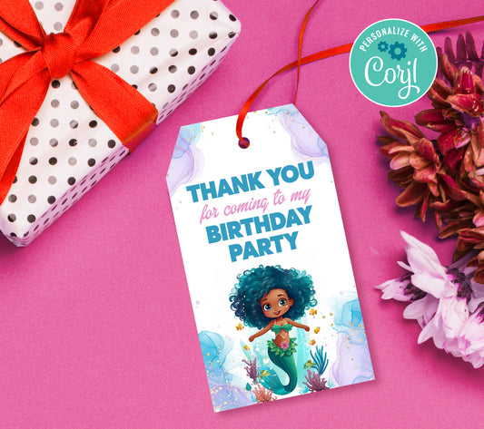 Mermaid Favor Tag, Birthday Editable Favor Tag, DIY Editable Thank You Tag, Favor Tags, Edit yourself, Corjl - 0276