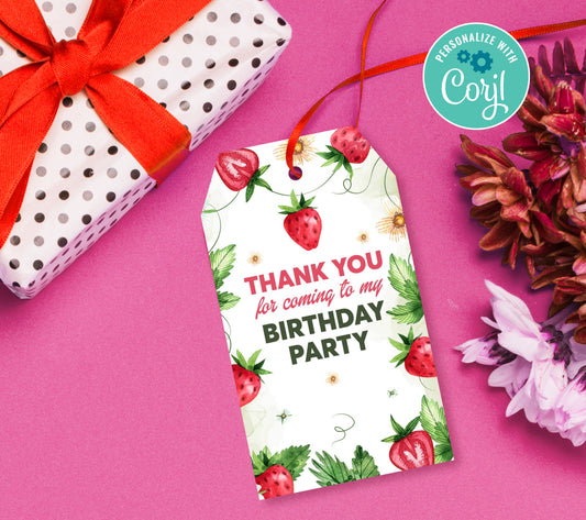 Strawberry Favor Tag, Birthday Editable Favor Tag, DIY Editable Thank You Tag, Favor Tags, Edit yourself, Corjl - 0265