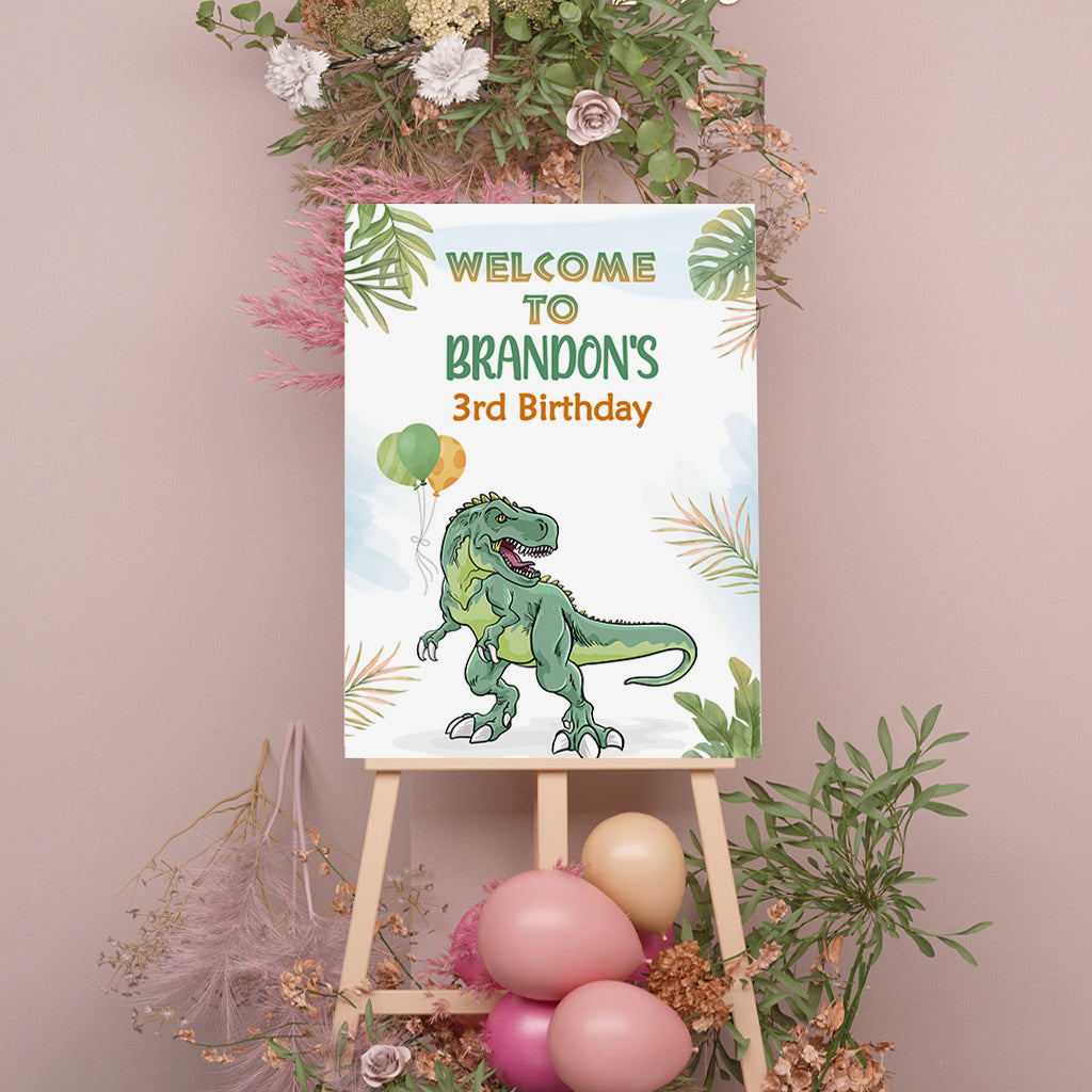 Three Rex Welcome Sign, Printable Sign Board, Boy Birthday, Digital Download, Edit yourself, Corjl 0285