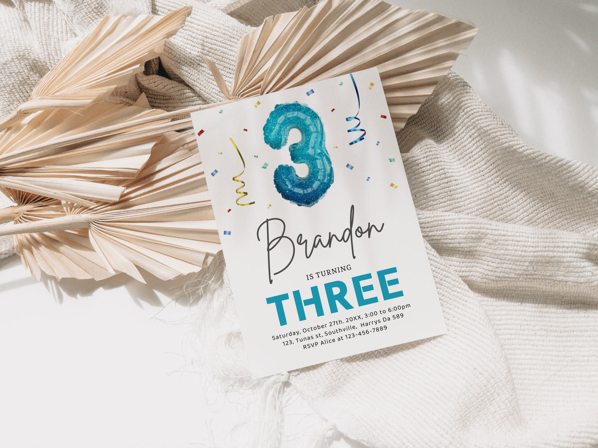 3rd Birthday Boy Invitation Colorful Confetti, Third Birthday Balloon Invite Editable, Canva Template Printable, Mobile Phone Evite 0521