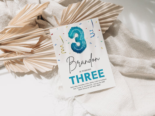 3rd Birthday Boy Invitation Colorful Confetti, Third Birthday Balloon Invite Editable, Canva Template Printable, Mobile Phone Evite 0521