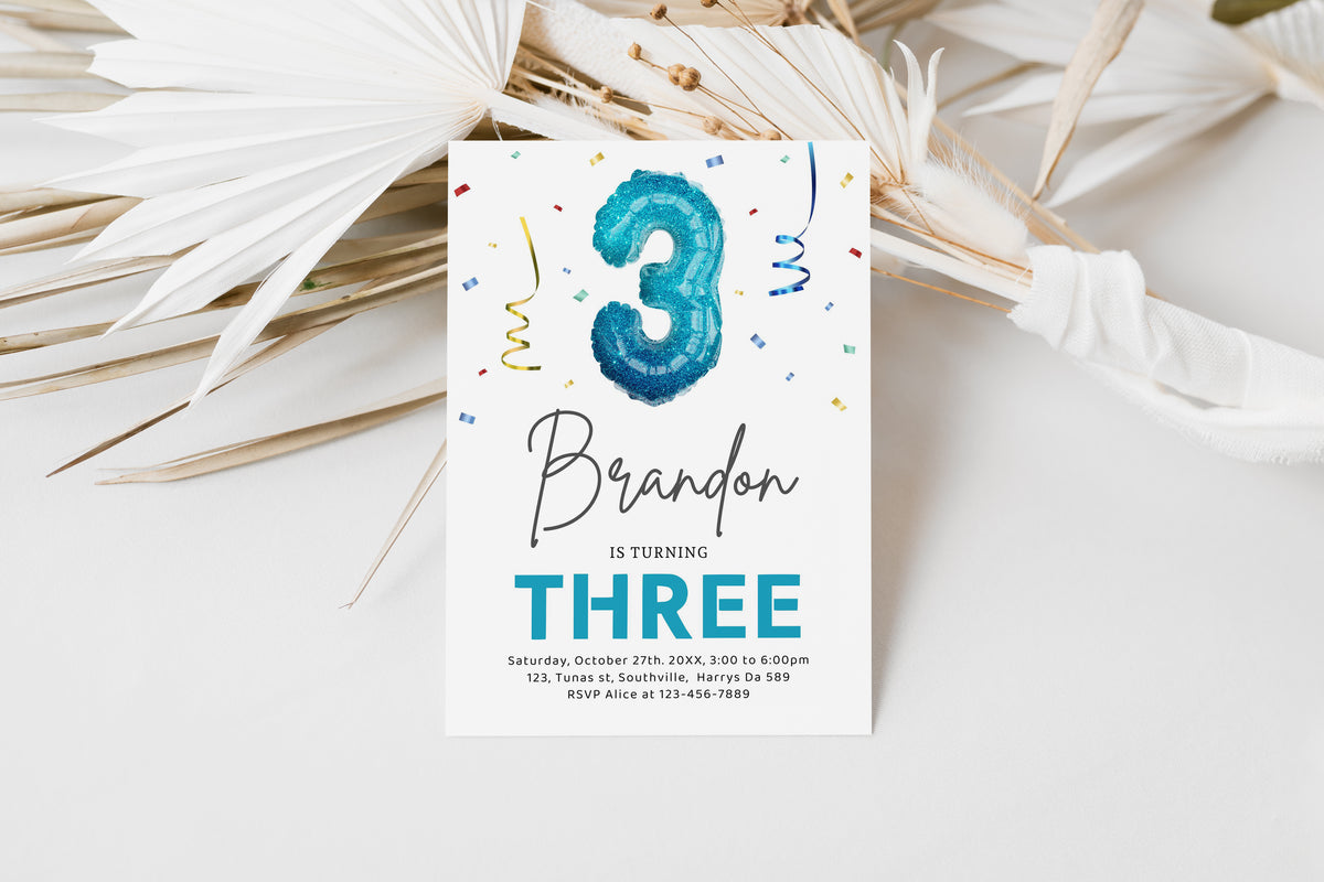 3rd Birthday Boy Invitation Colorful Confetti, Third Birthday Balloon Invite Editable, Canva Template Printable, Mobile Phone Evite 0521