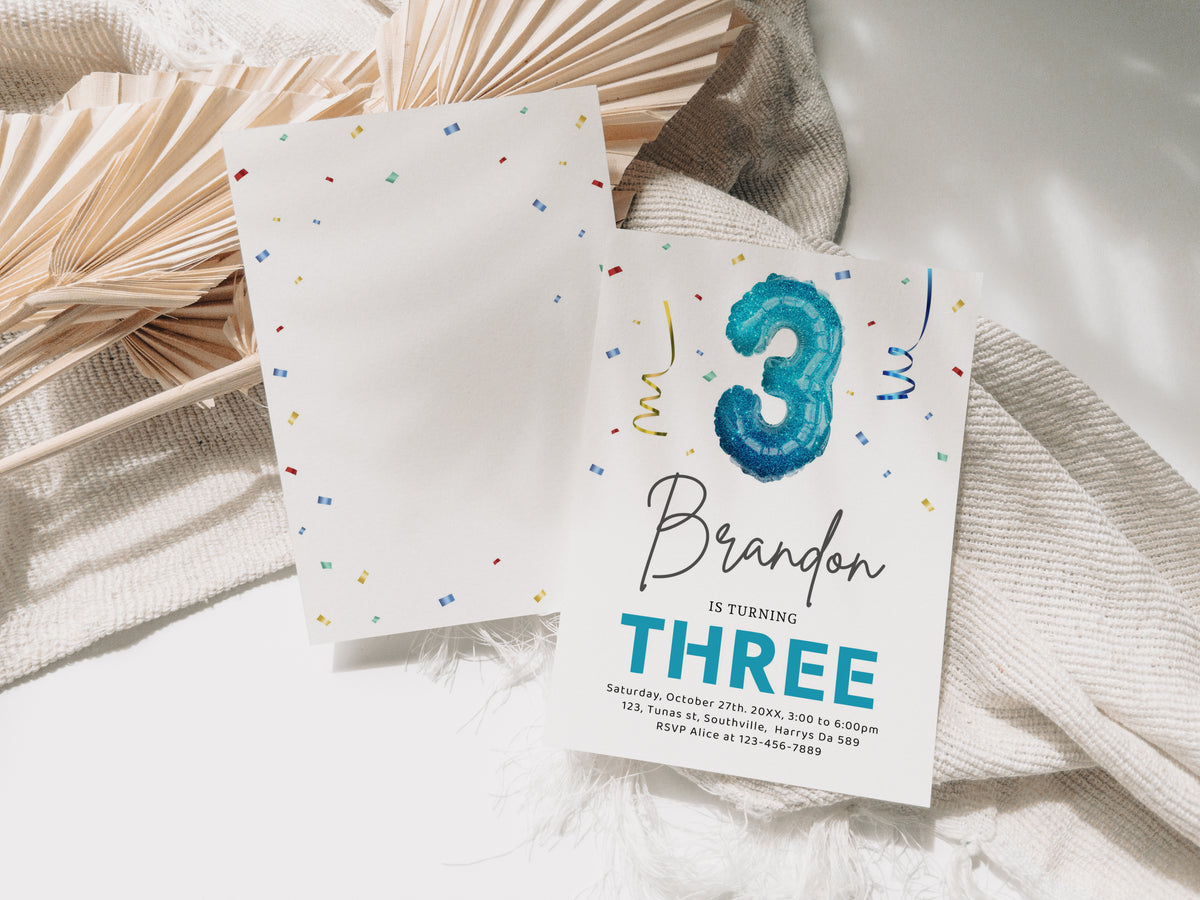 3rd Birthday Boy Invitation Colorful Confetti, Third Birthday Balloon Invite Editable, Canva Template Printable, Mobile Phone Evite 0521