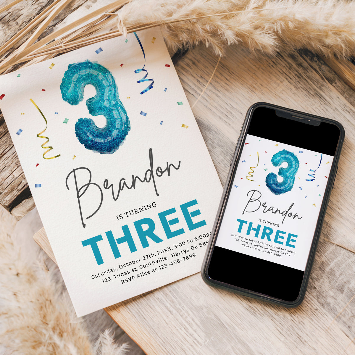 3rd Birthday Boy Invitation Colorful Confetti, Third Birthday Balloon Invite Editable, Canva Template Printable, Mobile Phone Evite 0521