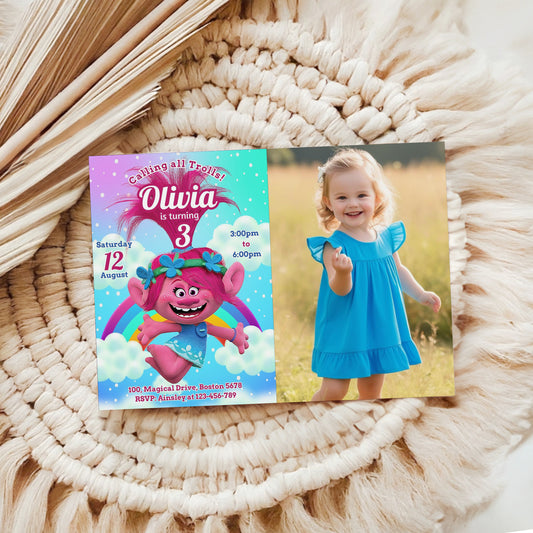 Trolls Photo Birthday Invitation Template Printable, Trolls Birthday Invitation, kids Editable invitation, Trolls Party, Evite, Digital Invite, SMS Text, 0006