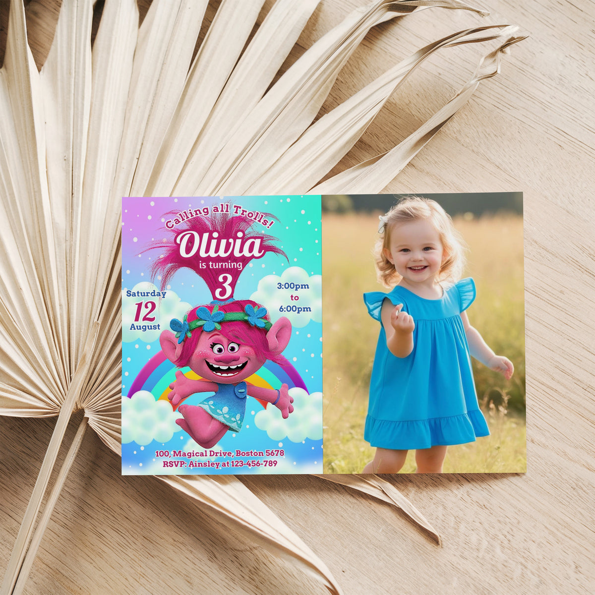 Trolls Photo Birthday Invitation Template Printable, Trolls Birthday Invitation, kids Editable invitation, Trolls Party, Evite, Digital Invite, SMS Text, 0006